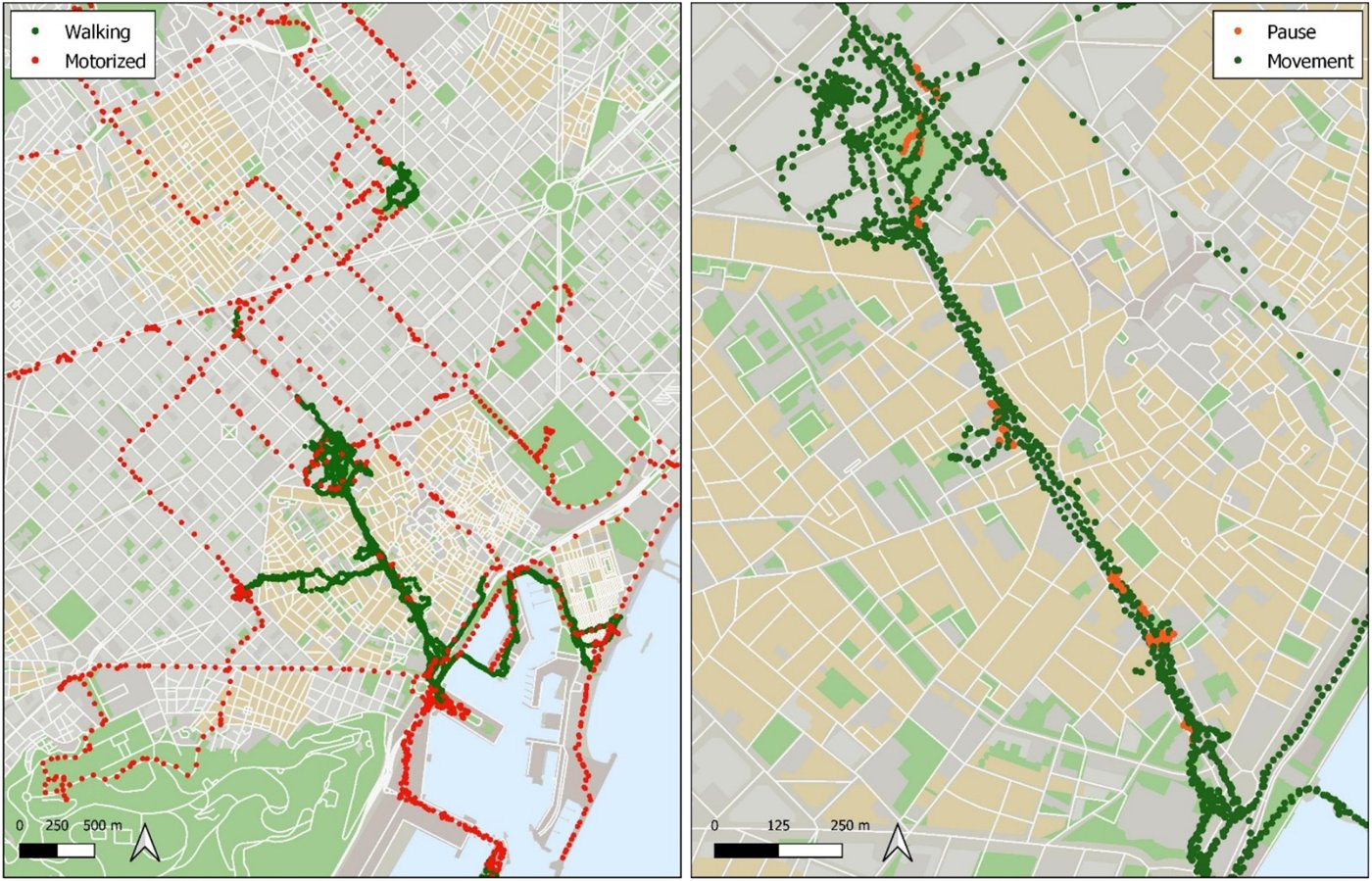 Esempi di tracciati GPS: a sinistra i tratti percorsi a piedi e quelli con mezzi di trasporto, a destra soste e movimento.