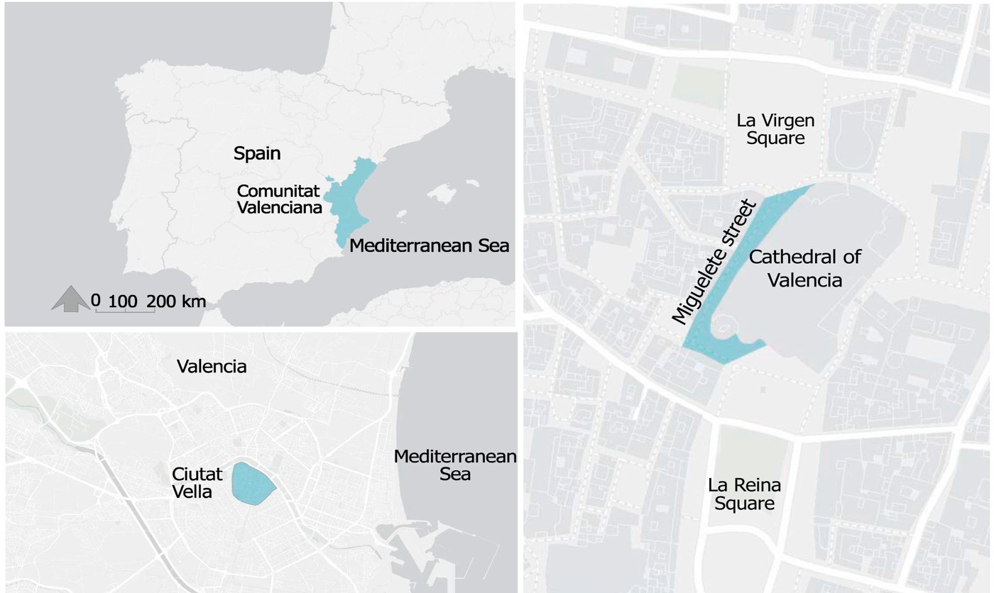 L'area di studio: la strada del Micalet, accanto alla cattedrale, nel centro storico di Valencia.